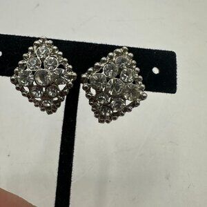 Vintage Rhinestone Clip-On Earrings Silver Tone Geometric Design